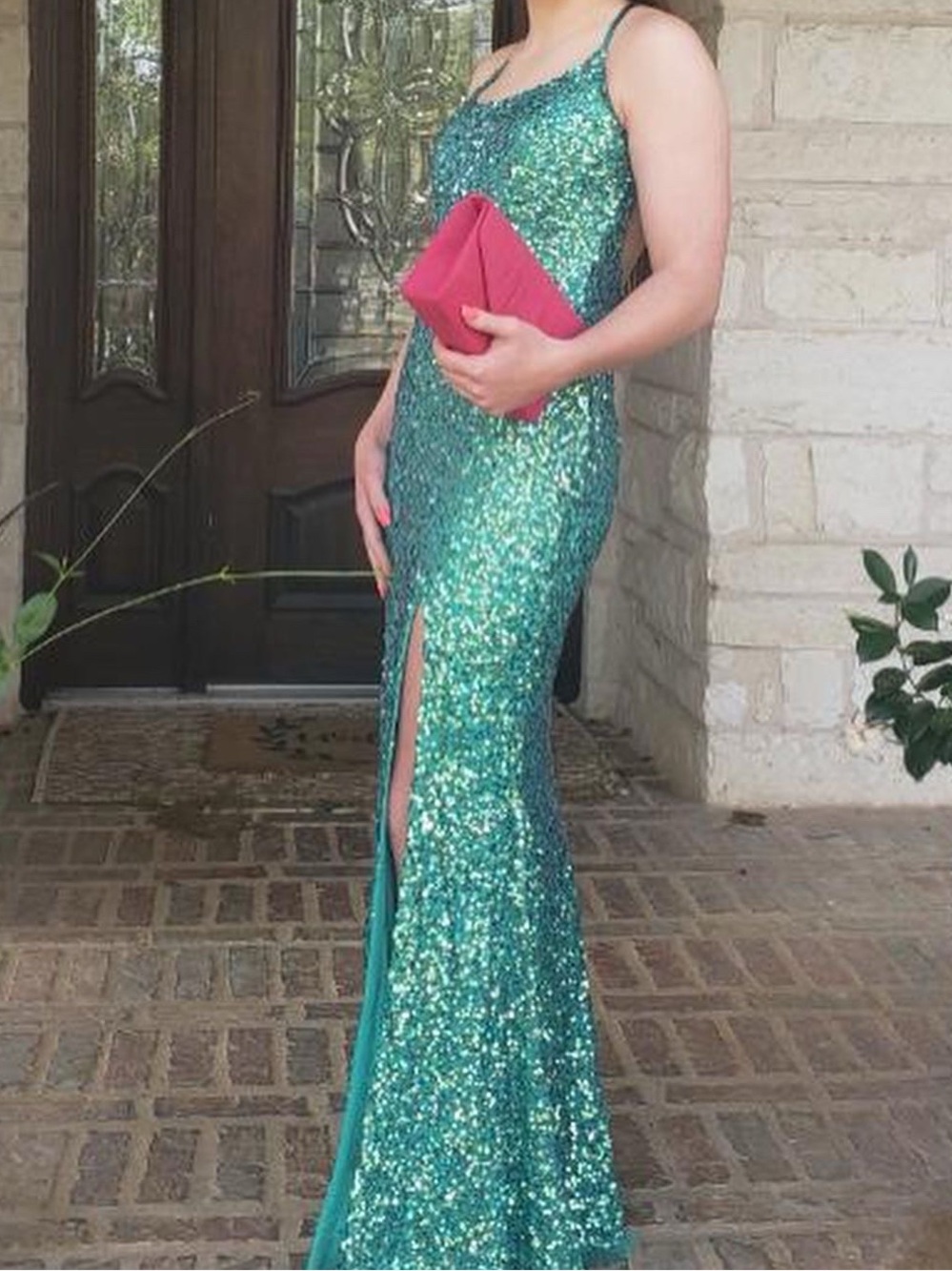 Teal Sequin Spaghetti Strap Prom Gown with Side Slit